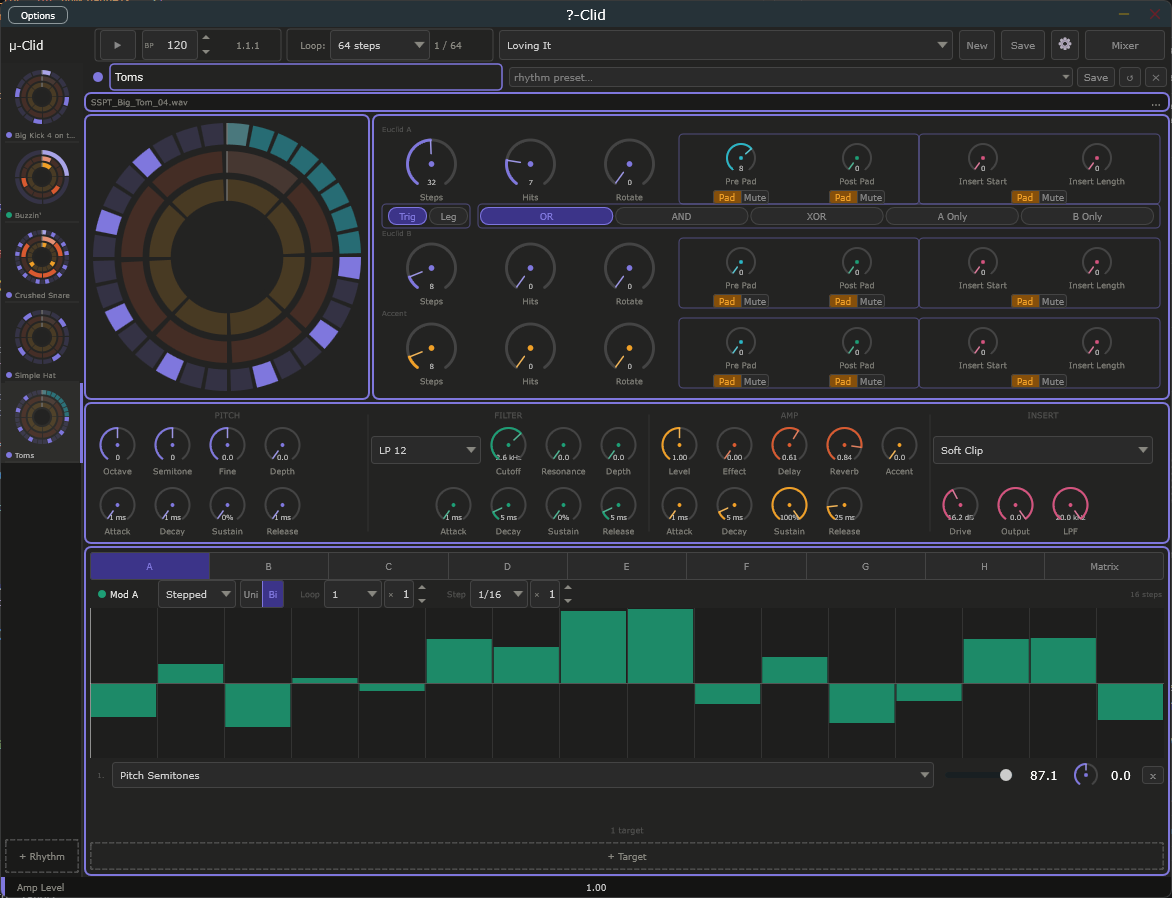 μ-Clid full interface — pattern ring, euclidean controls, voice chain and modulator