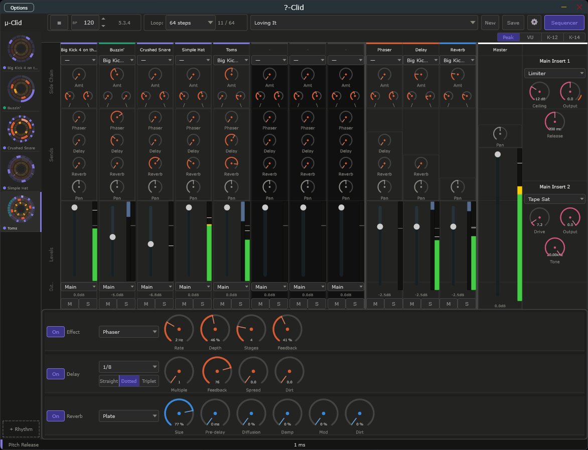 μ-Clid mixer — per-channel sidechain, three sends, master inserts