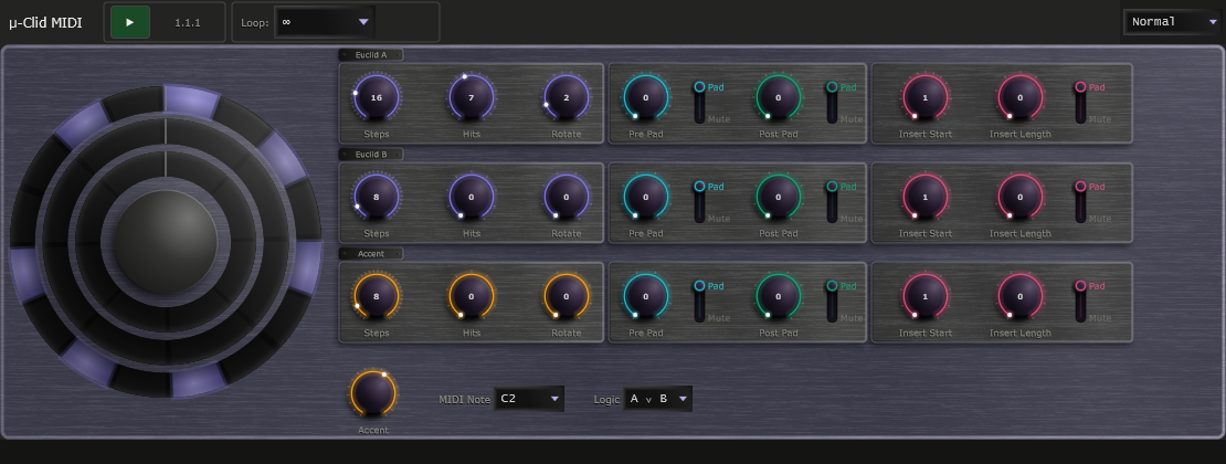 The μ-clid MIDI editor: Euclidean rhythm rings with step, hit and rotation controls