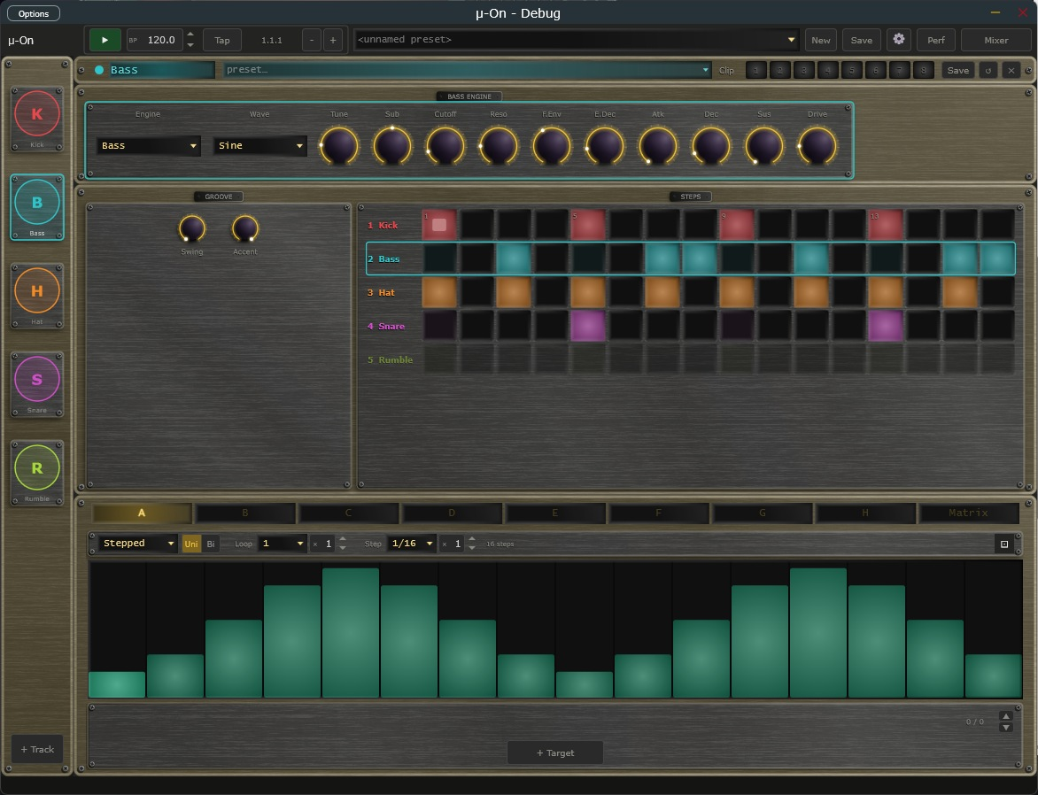 The μ-on window with the step grid and the Rumble section