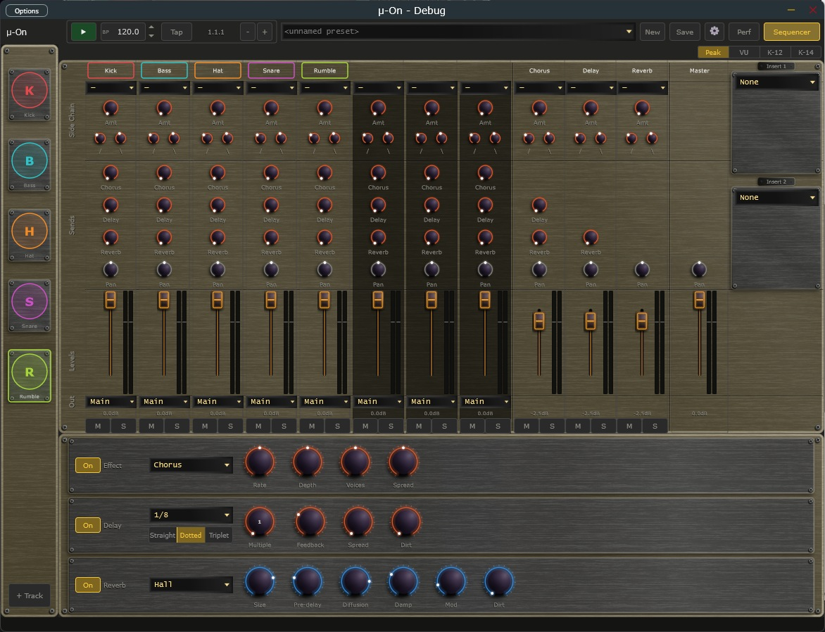 The mixer with five track channels, send effects and master