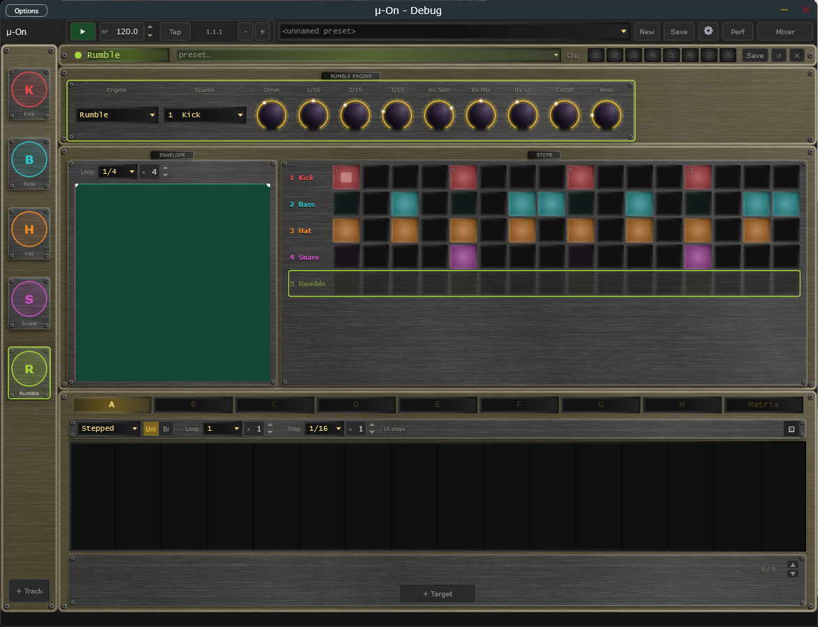 A Rumble track with its Source, effects knobs and drawable envelope