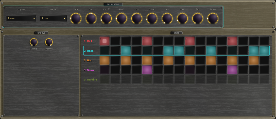 The engine box, groove controls and step rows for five tracks