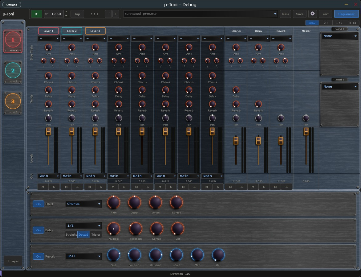 The mixer with three layer channels, send effects and master