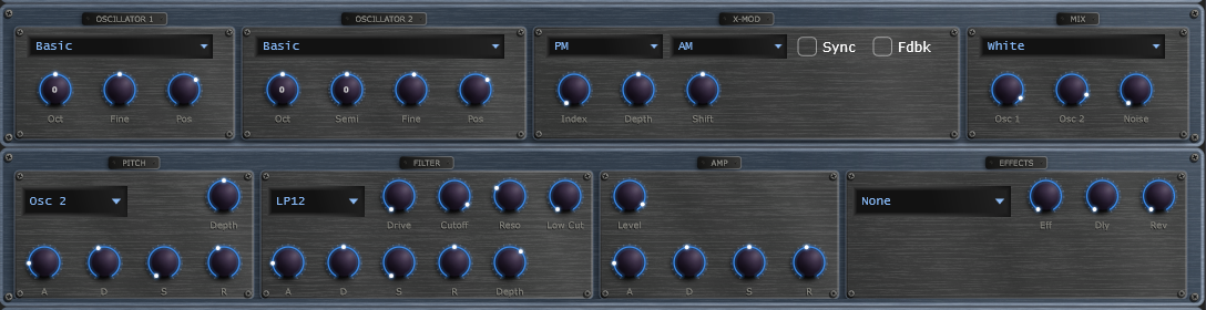 Oscillators, X-Mod, mix, pitch, filter, amp and effects