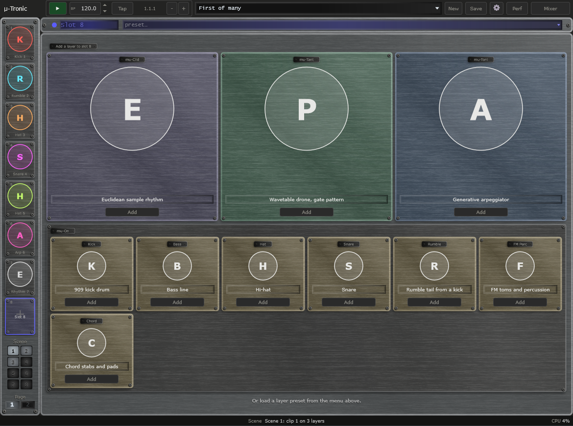 The empty-slot chooser, with cards for μ-clid, μ-tant and μ-toni layers and the μ-on kick, bass, hat, snare, rumble, FM percussion and chord