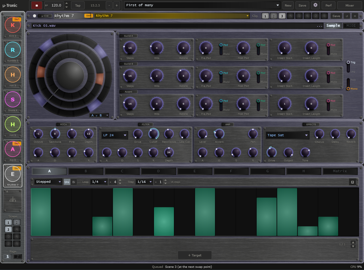 The μ-tronic window: eight layer slots down the left, a μ-clid layer in the middle, and scene and page buttons underneath