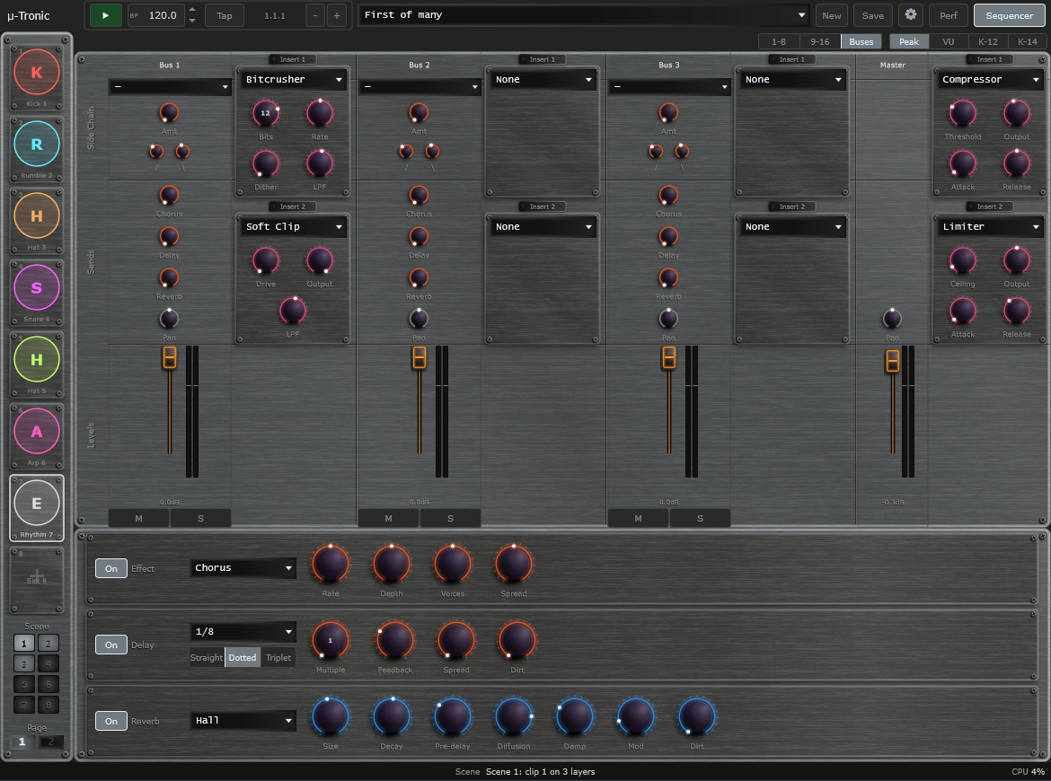 The mixer buses page: three buses with two insert effects each, and the master with its own inserts
